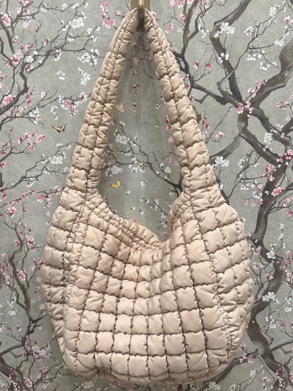 Free People Quilted Padded Hobo Bag - Light Beige